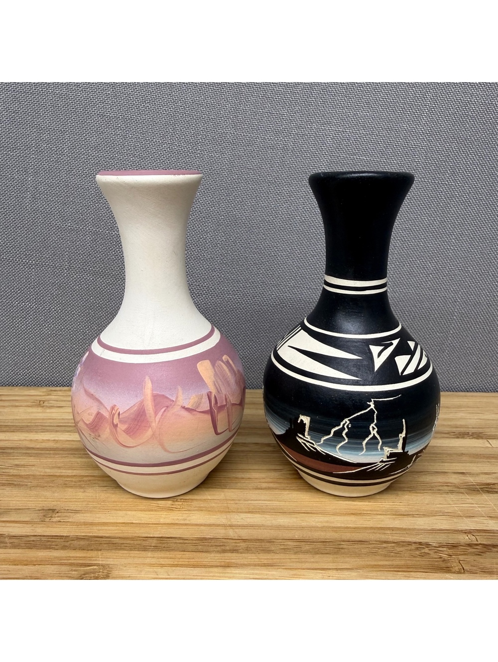 Vintage Navajo Pottery Bud Vases Set of 2 Signed Cedar Mesa Desert Rainbow Storm